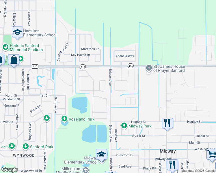 map of restaurants, bars, coffee shops, grocery stores, and more near 150 Wheatfield Circle in Sanford