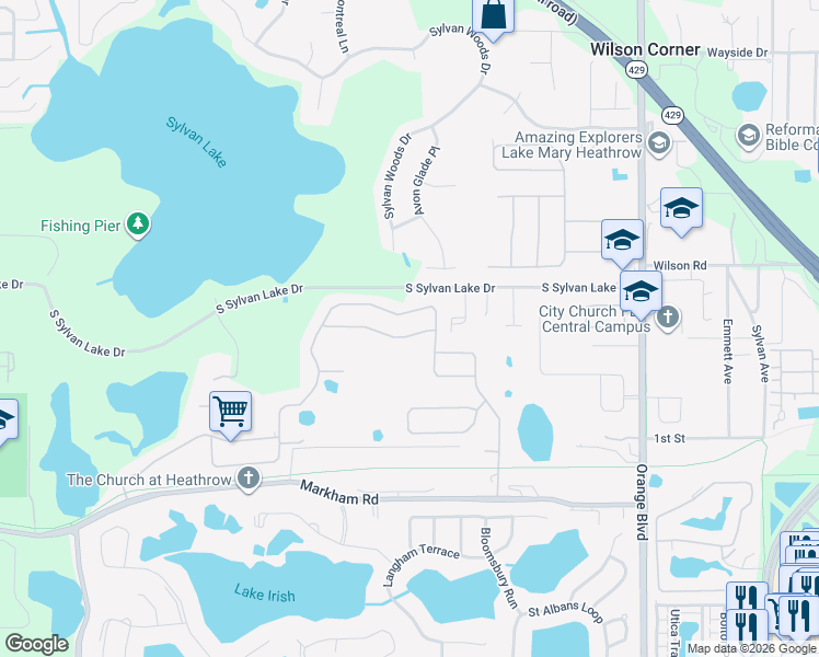 map of restaurants, bars, coffee shops, grocery stores, and more near 6532 Everingham Ln in Sanford