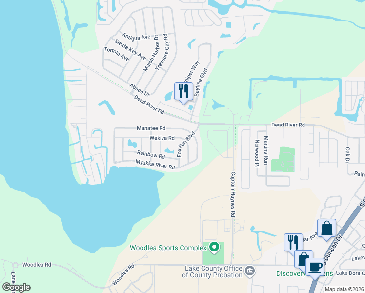 map of restaurants, bars, coffee shops, grocery stores, and more near 455 Fox Run Boulevard in Tavares