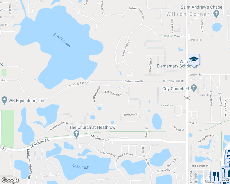 map of restaurants, bars, coffee shops, grocery stores, and more near 6508 Everingham Lane in Sanford