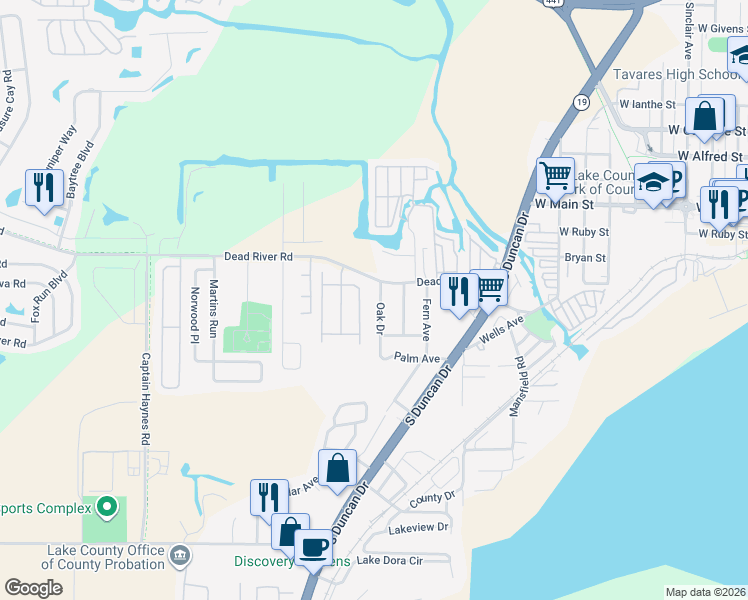 map of restaurants, bars, coffee shops, grocery stores, and more near 465 Oak Drive in Tavares