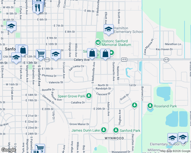 map of restaurants, bars, coffee shops, grocery stores, and more near 1506 Douglas Street in Sanford