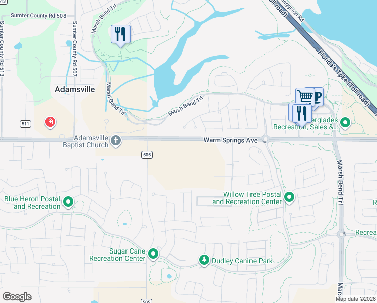 map of restaurants, bars, coffee shops, grocery stores, and more near 5211 County Road 468 in Wildwood