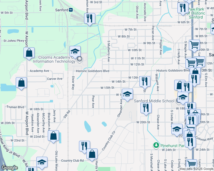 map of restaurants, bars, coffee shops, grocery stores, and more near 1712 West 15th Street in Sanford