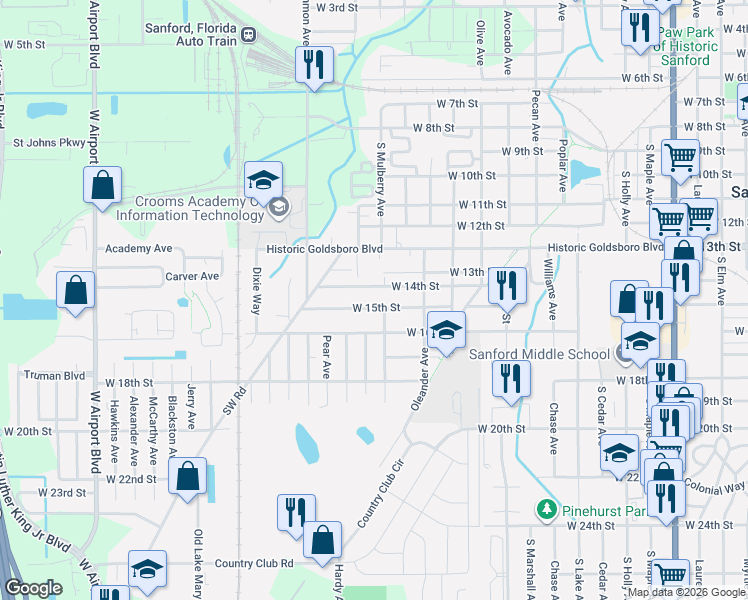 map of restaurants, bars, coffee shops, grocery stores, and more near 1712 West 15th Street in Sanford