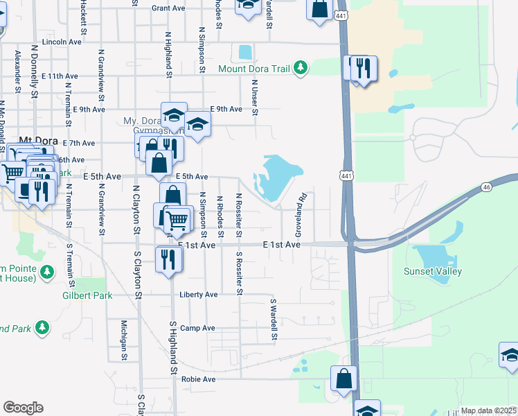 map of restaurants, bars, coffee shops, grocery stores, and more near 1322 East 3rd Avenue in Mount Dora