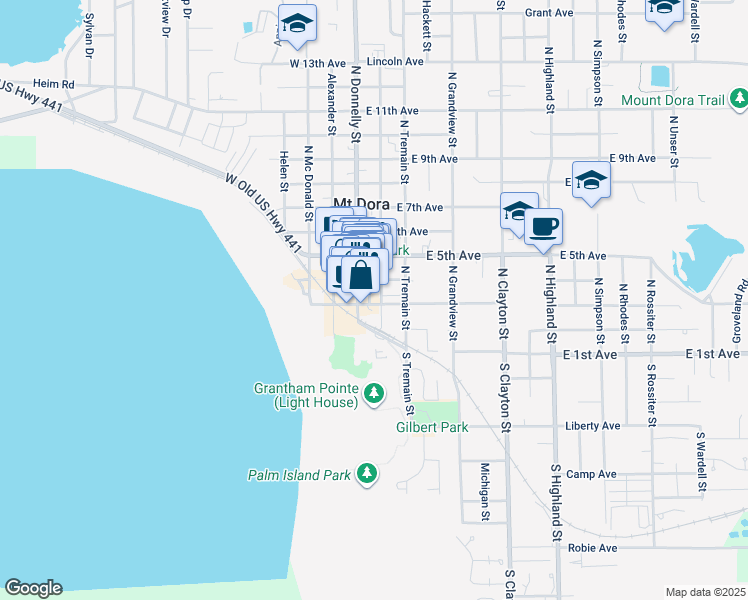 map of restaurants, bars, coffee shops, grocery stores, and more near 206 East 3rd Avenue in Mount Dora