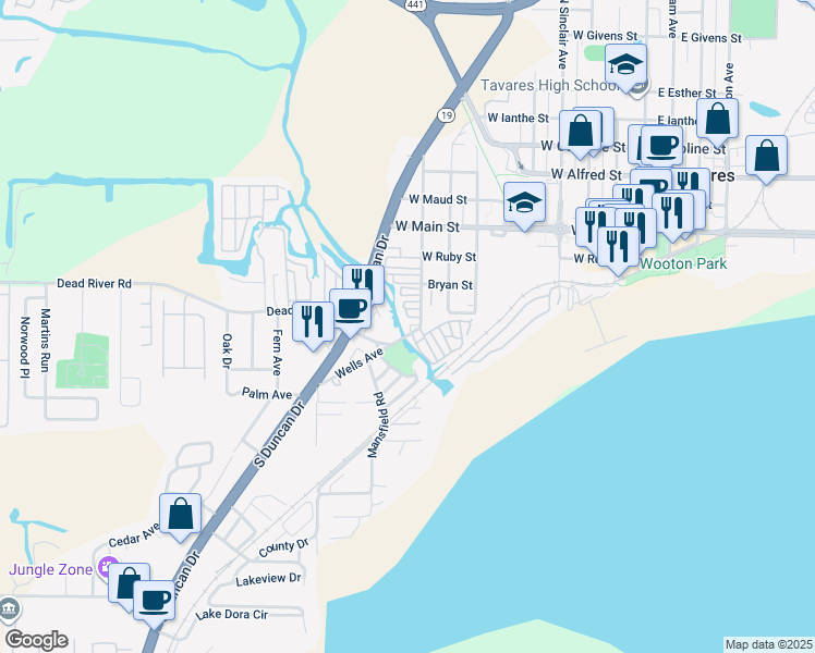 map of restaurants, bars, coffee shops, grocery stores, and more near 1012 Lake Harris Drive in Tavares
