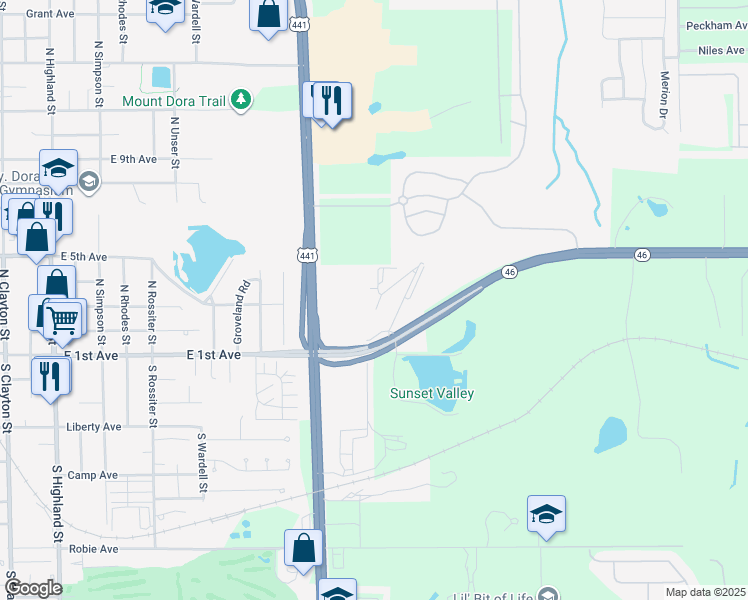 map of restaurants, bars, coffee shops, grocery stores, and more near 375 Veranda Way in Mount Dora