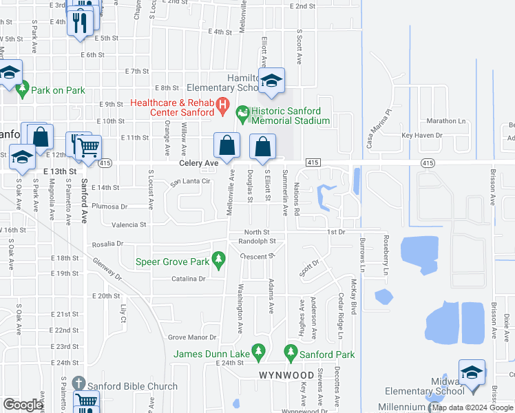 map of restaurants, bars, coffee shops, grocery stores, and more near 1307 Montezuma Avenue in Sanford