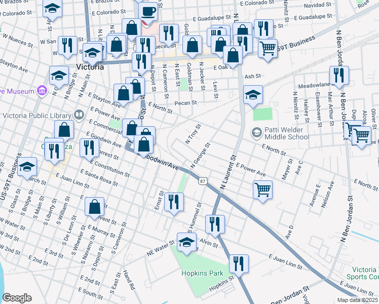 map of restaurants, bars, coffee shops, grocery stores, and more near 401 North George Street in Victoria
