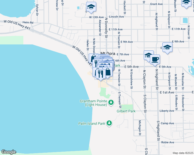 map of restaurants, bars, coffee shops, grocery stores, and more near 234 West 3rd Avenue in Mount Dora