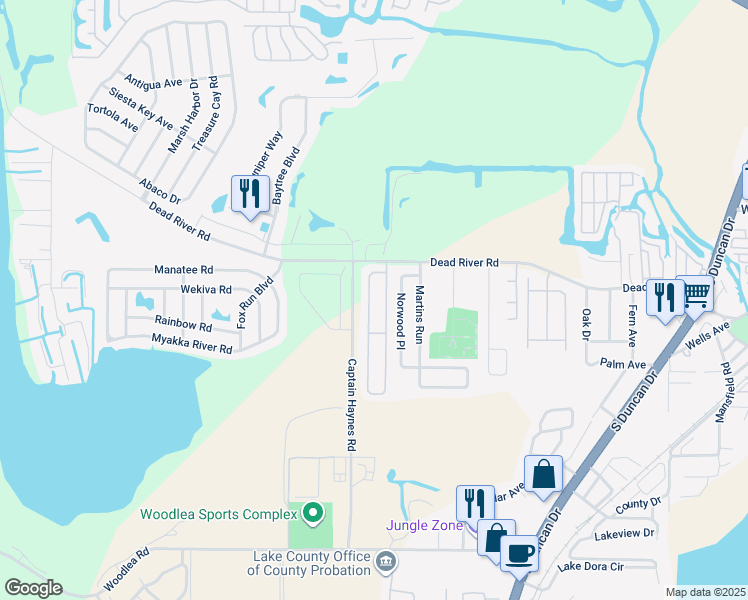 map of restaurants, bars, coffee shops, grocery stores, and more near 460 East Rosewood Lane in Tavares