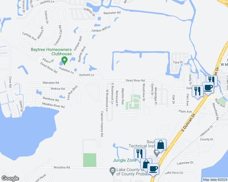map of restaurants, bars, coffee shops, grocery stores, and more near 423 East Rosewood Lane in Tavares