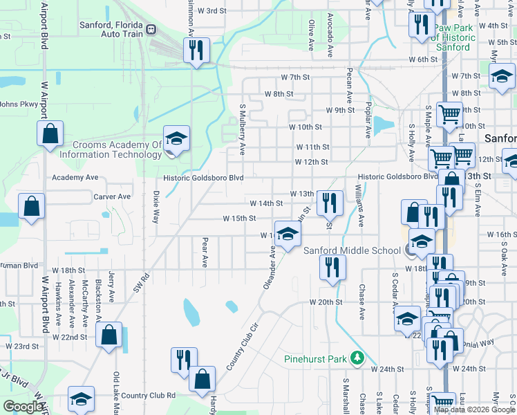 map of restaurants, bars, coffee shops, grocery stores, and more near 1603 West 15th Street in Sanford