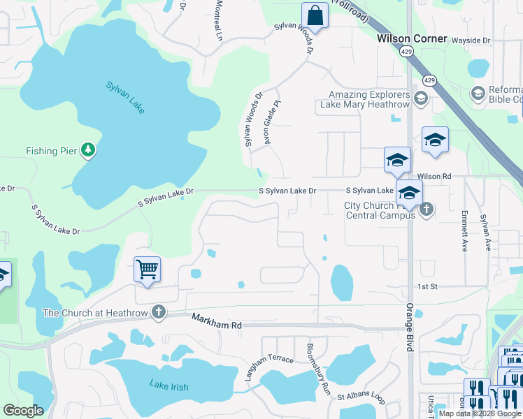 map of restaurants, bars, coffee shops, grocery stores, and more near 6532 Everingham Lane in Sanford