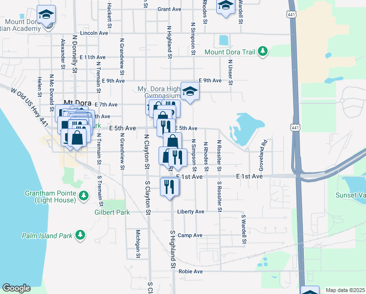 map of restaurants, bars, coffee shops, grocery stores, and more near 222 North Highland Street in Mount Dora