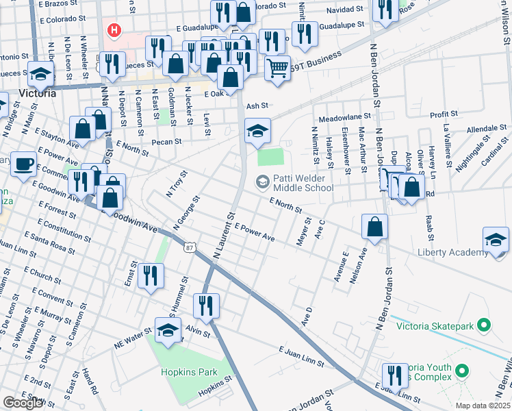 map of restaurants, bars, coffee shops, grocery stores, and more near 1513 East Stayton Avenue in Victoria