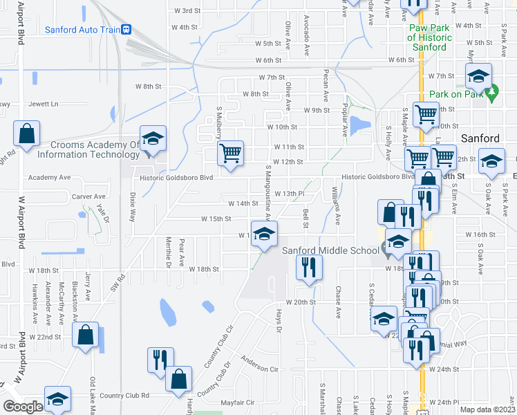 map of restaurants, bars, coffee shops, grocery stores, and more near 1407 West 14th Street in Sanford