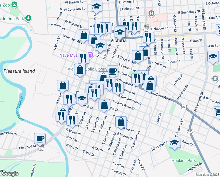 map of restaurants, bars, coffee shops, grocery stores, and more near 104 North Liberty Street in Victoria