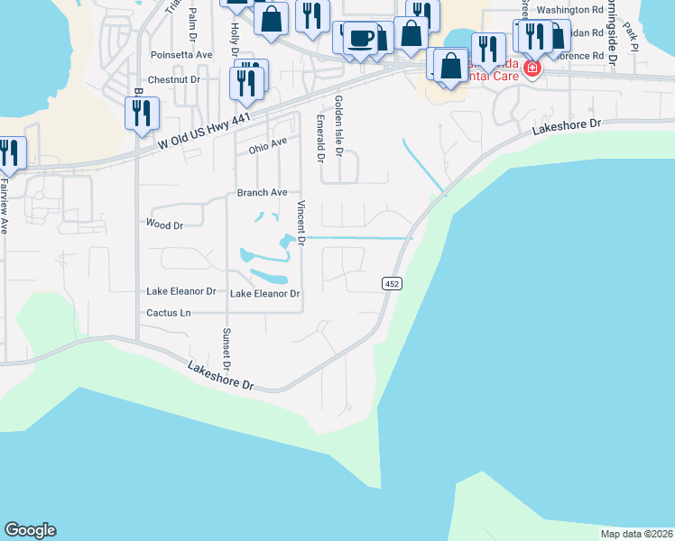 map of restaurants, bars, coffee shops, grocery stores, and more near 3330 Garland Way in Mount Dora