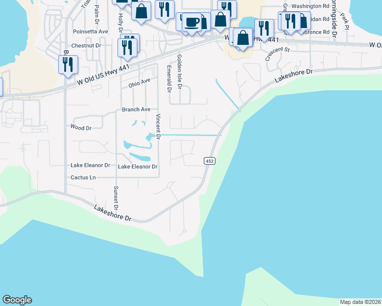 map of restaurants, bars, coffee shops, grocery stores, and more near 113 East Oak Hill Road in Mount Dora