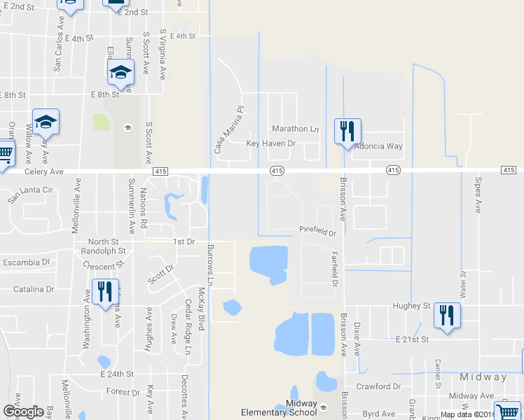map of restaurants, bars, coffee shops, grocery stores, and more near 140 Pinefield Drive in Sanford