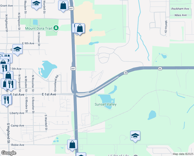 map of restaurants, bars, coffee shops, grocery stores, and more near 425 Veranda Way in Mount Dora