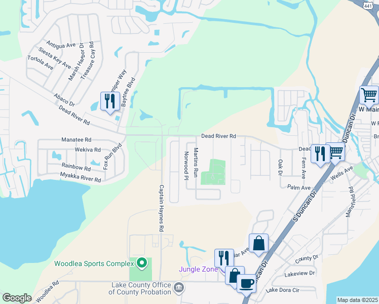 map of restaurants, bars, coffee shops, grocery stores, and more near 2340 Norwood Place in Tavares