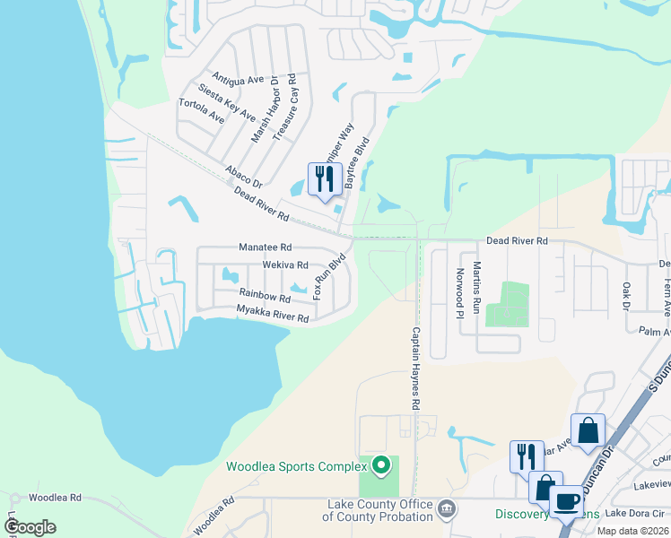 map of restaurants, bars, coffee shops, grocery stores, and more near 455 Fox Run Boulevard in Tavares