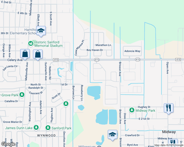 map of restaurants, bars, coffee shops, grocery stores, and more near 130 Pinefield Drive in Sanford