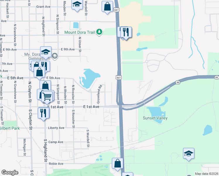 map of restaurants, bars, coffee shops, grocery stores, and more near 311 Stanley Bell Drive in Mount Dora