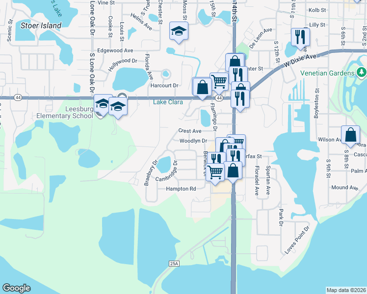 map of restaurants, bars, coffee shops, grocery stores, and more near 1606 Woodlyn Drive in Leesburg