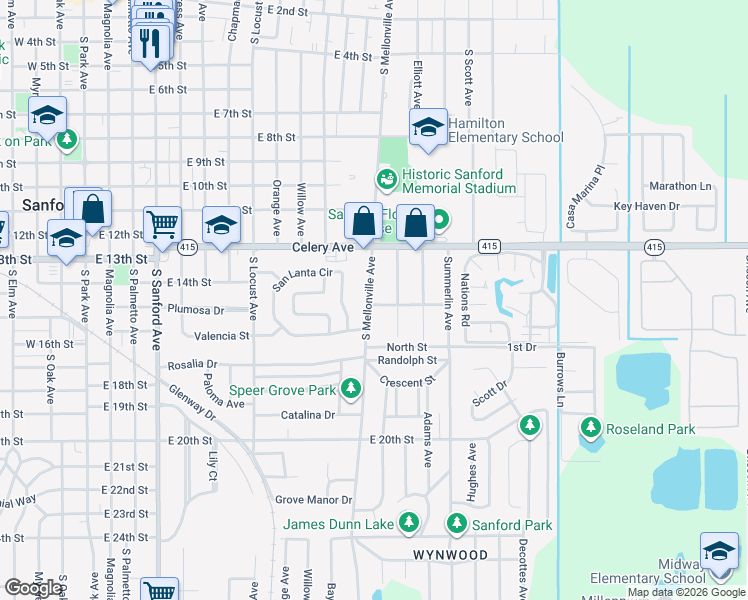 map of restaurants, bars, coffee shops, grocery stores, and more near 1400 Montezuma Avenue in Sanford