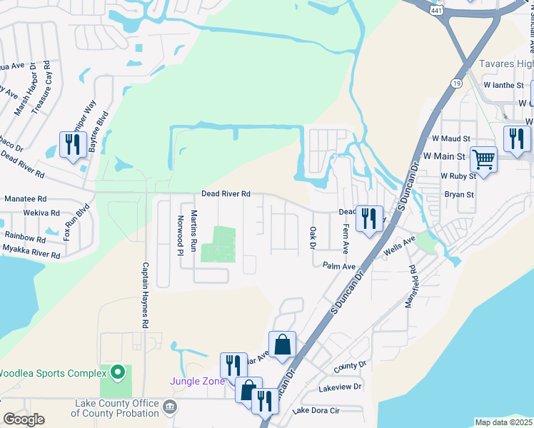 map of restaurants, bars, coffee shops, grocery stores, and more near 336 Windridge Place in Tavares