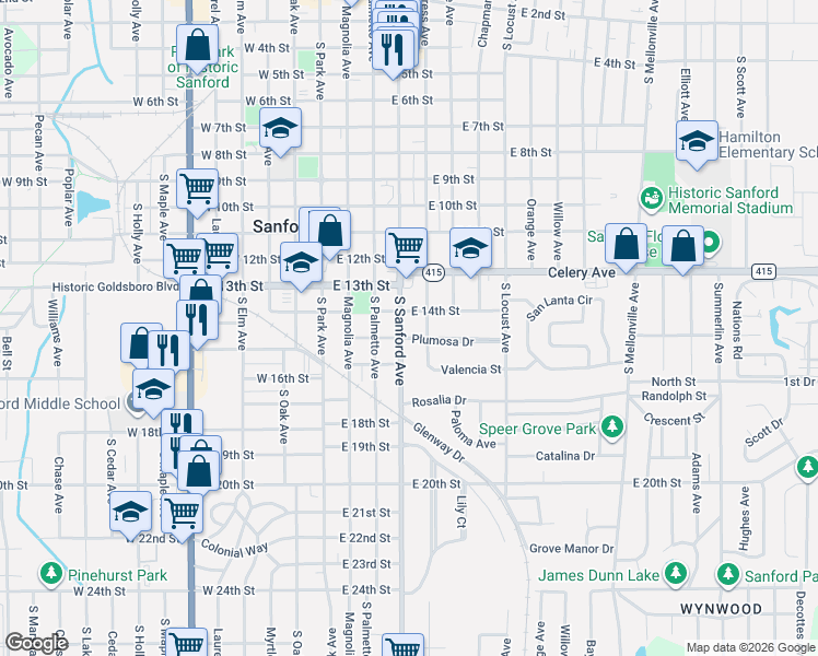 map of restaurants, bars, coffee shops, grocery stores, and more near 410 East 14th Street in Sanford
