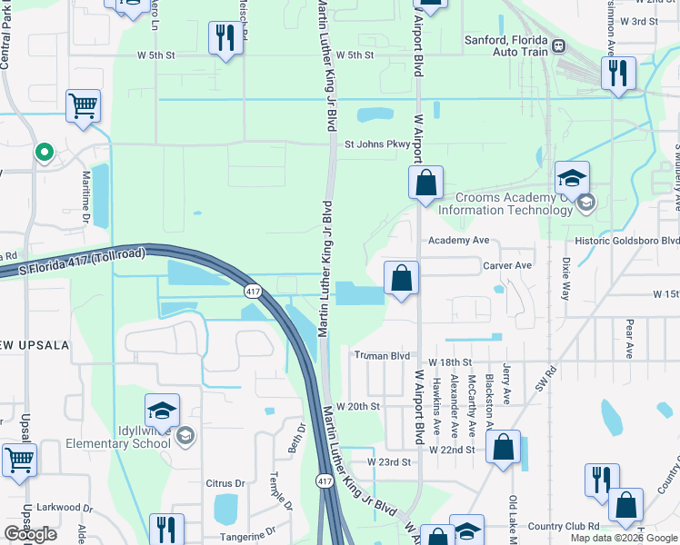 map of restaurants, bars, coffee shops, grocery stores, and more near 803 Martin Luther King Junior Boulevard in Sanford