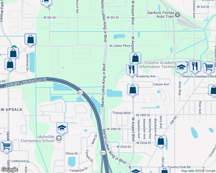 map of restaurants, bars, coffee shops, grocery stores, and more near 803 Martin Luther King Junior Boulevard in Sanford