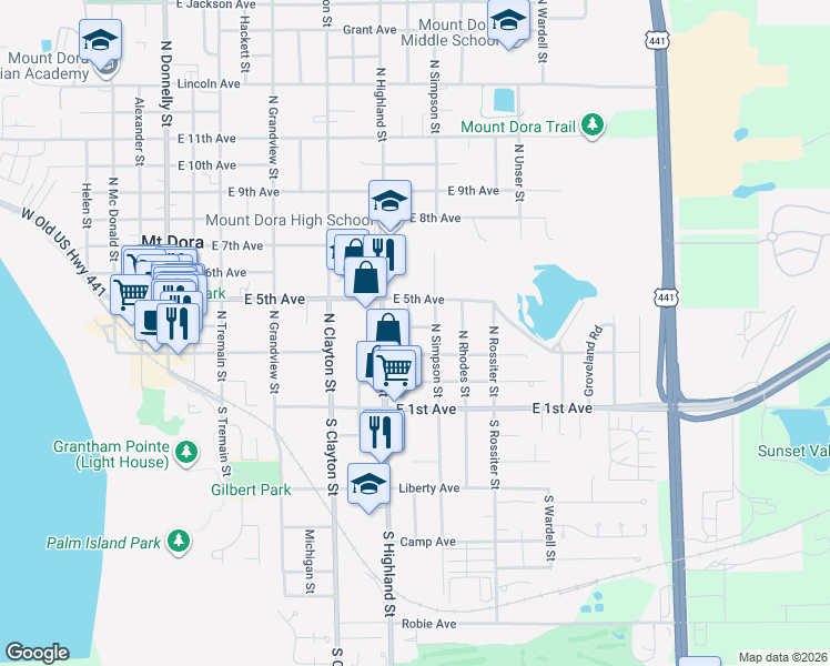map of restaurants, bars, coffee shops, grocery stores, and more near 427 North Simpson Street in Mount Dora
