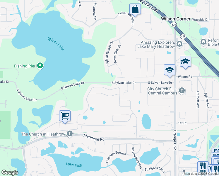map of restaurants, bars, coffee shops, grocery stores, and more near 2176 North Umbria Drive in Sanford