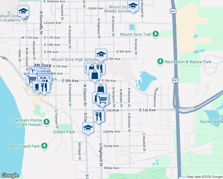 map of restaurants, bars, coffee shops, grocery stores, and more near 427 North Simpson Street in Mount Dora