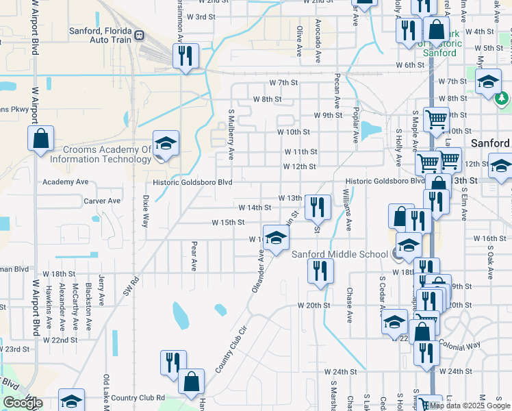 map of restaurants, bars, coffee shops, grocery stores, and more near 1324 South Oleander Avenue in Sanford