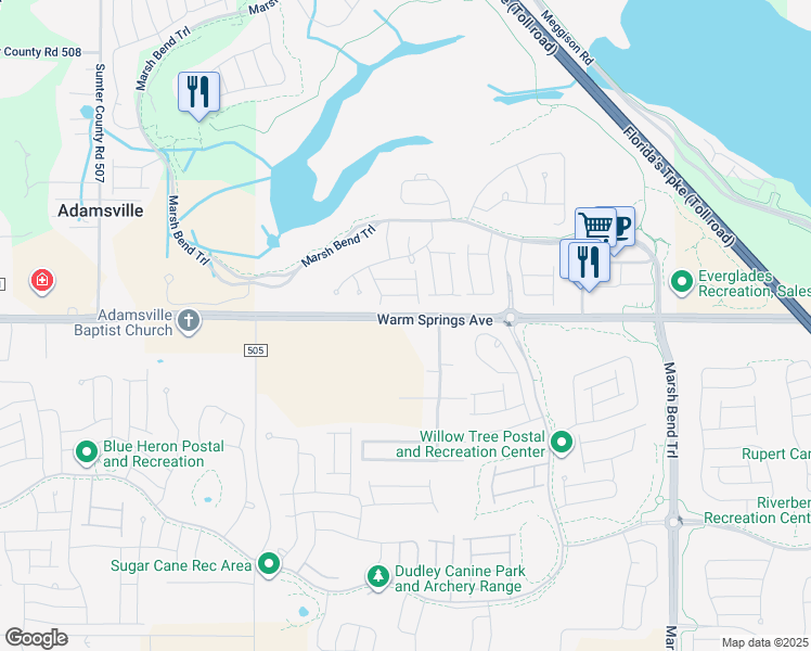 map of restaurants, bars, coffee shops, grocery stores, and more near 5357 County Road 468 in Wildwood