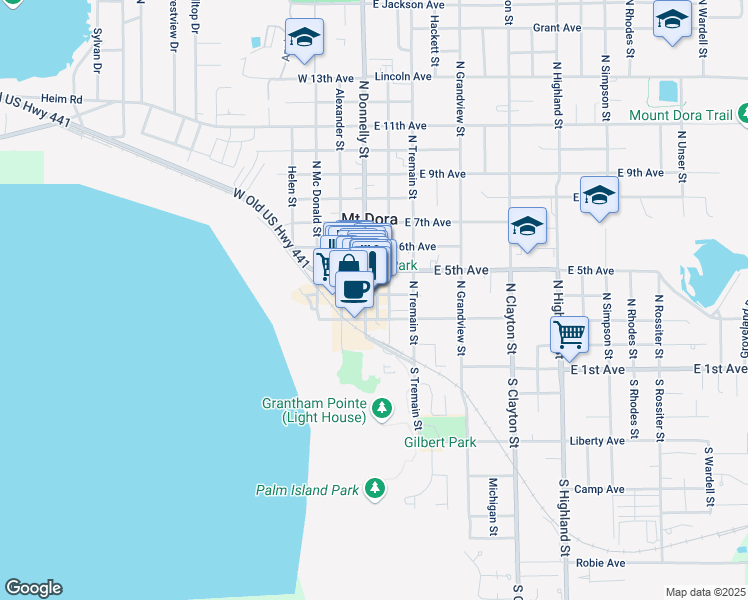 map of restaurants, bars, coffee shops, grocery stores, and more near 427 North Donnelly Street in Mount Dora