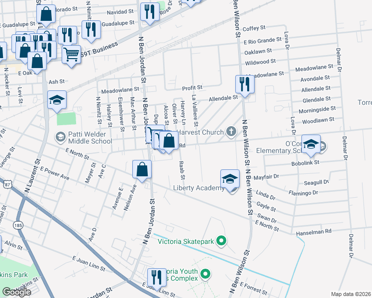 map of restaurants, bars, coffee shops, grocery stores, and more near 2414 Lone Tree Road in Victoria