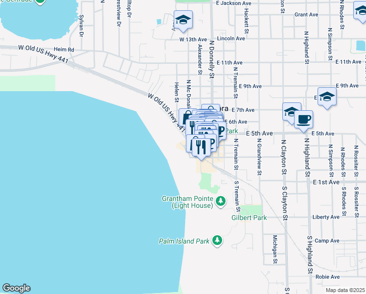 map of restaurants, bars, coffee shops, grocery stores, and more near 400 West 4th Avenue in Mount Dora