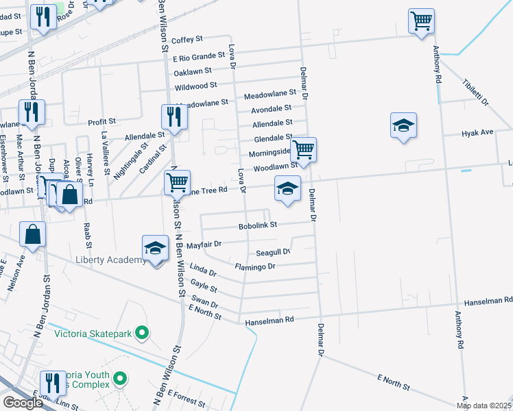 map of restaurants, bars, coffee shops, grocery stores, and more near 3306 Hummingbird Lane in Victoria