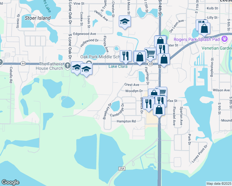 map of restaurants, bars, coffee shops, grocery stores, and more near 1628 Crest Avenue in Leesburg