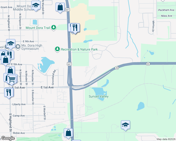map of restaurants, bars, coffee shops, grocery stores, and more near 155 Veranda Way in Mount Dora