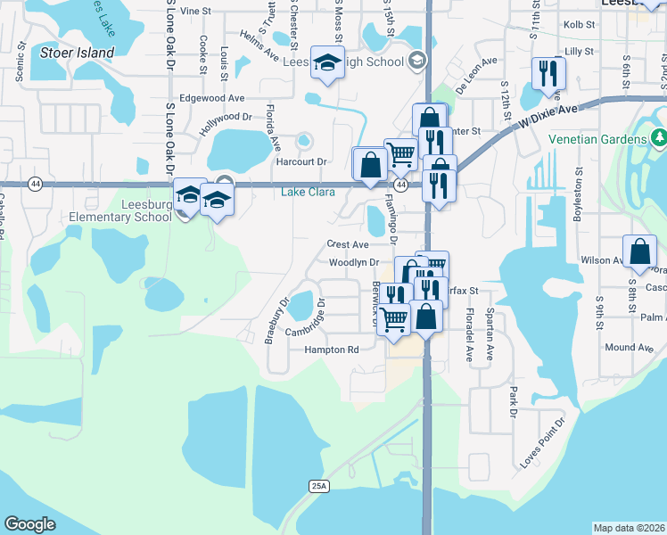 map of restaurants, bars, coffee shops, grocery stores, and more near 1605 Woodlyn Drive in Leesburg